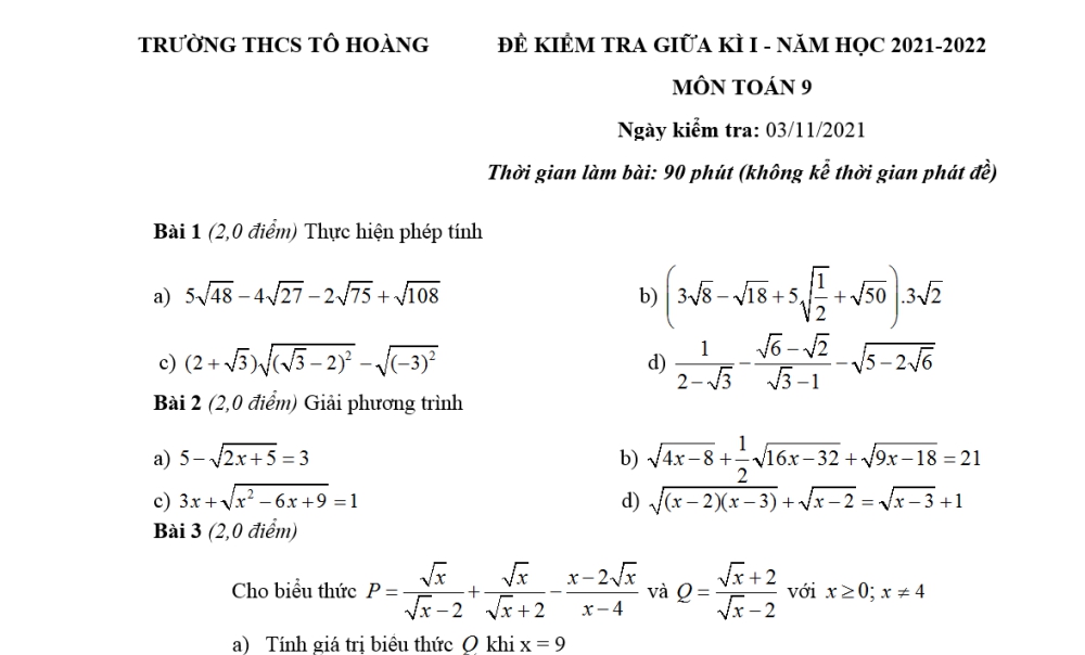Toán 9: Đề kiểm tra giữa học kỳ 1. Trường THCS Tô Hoàng năm học 2021-2022